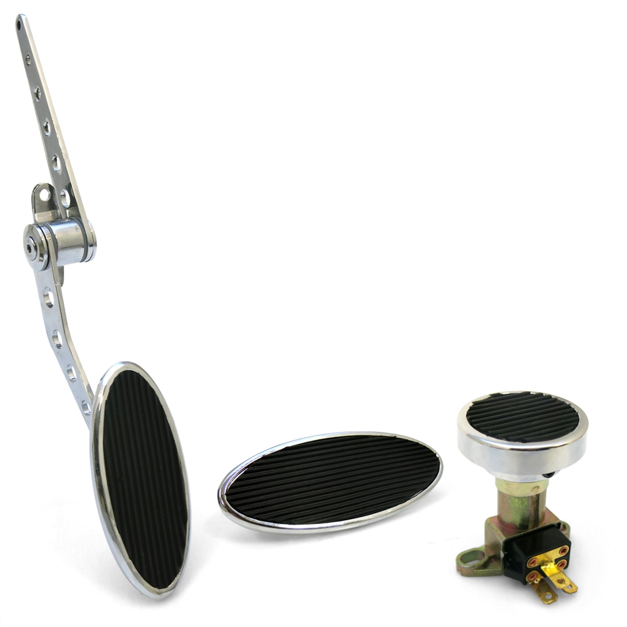 Chromed Billet Firewall Mount Gas Pedal, Sm Oval Brake/Clutch Pedal & Dimmer Pad