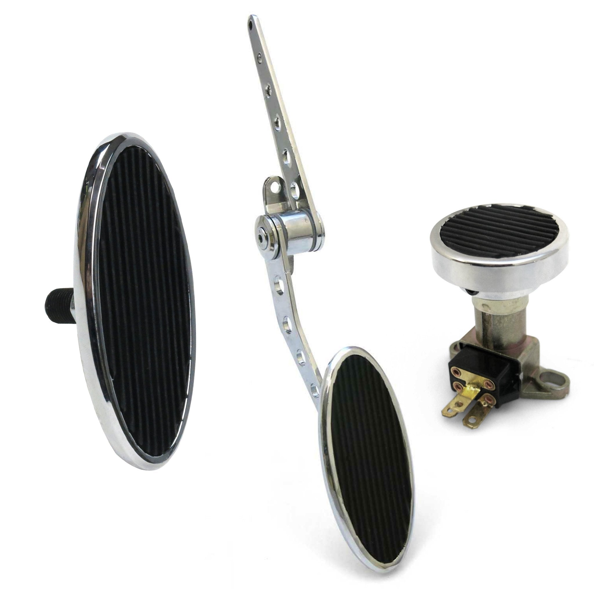 Chromed Billet Firewall Mount Gas Pedal, Sm Oval Brake/Clutch Pedal & Dimmer Pad