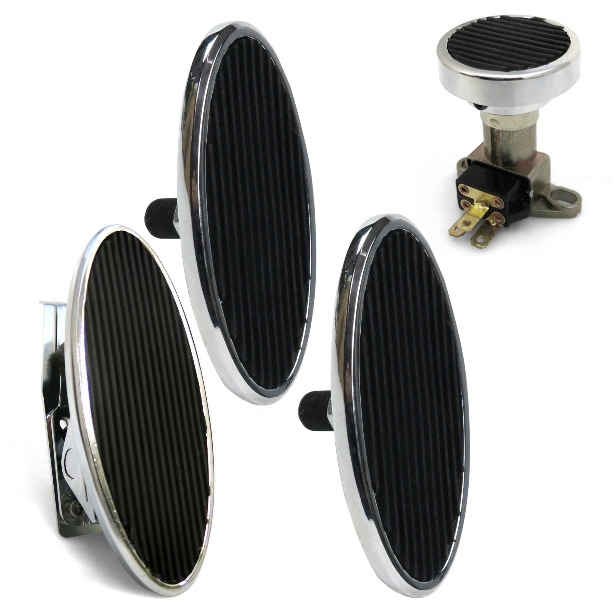 Chromed Billet Floor Mount Gas Pedal, 2 Lg Oval Brake/Clutch Pedals & Dimmer Pad