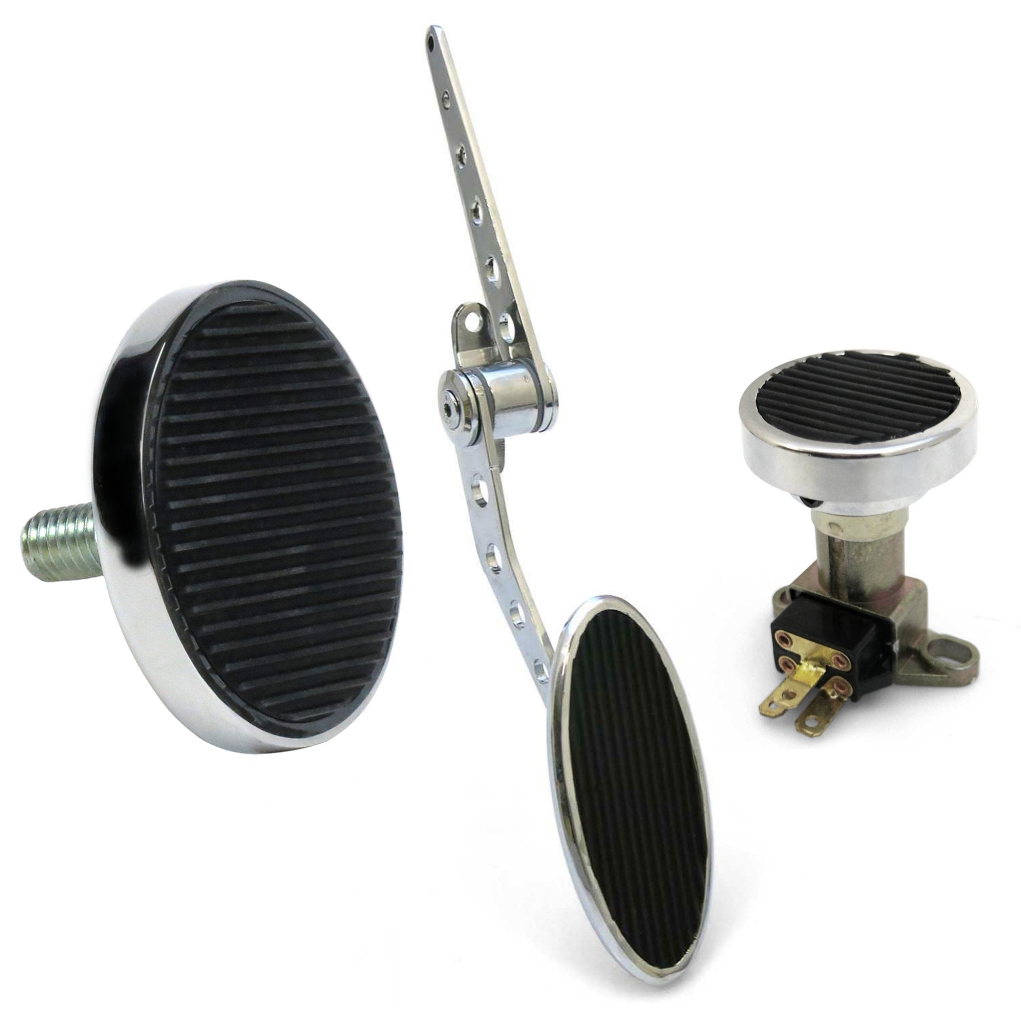 Chromed Billet Firewall Mount Gas Pedal, Round Brake/Clutch Pedal & Dimmer Pad