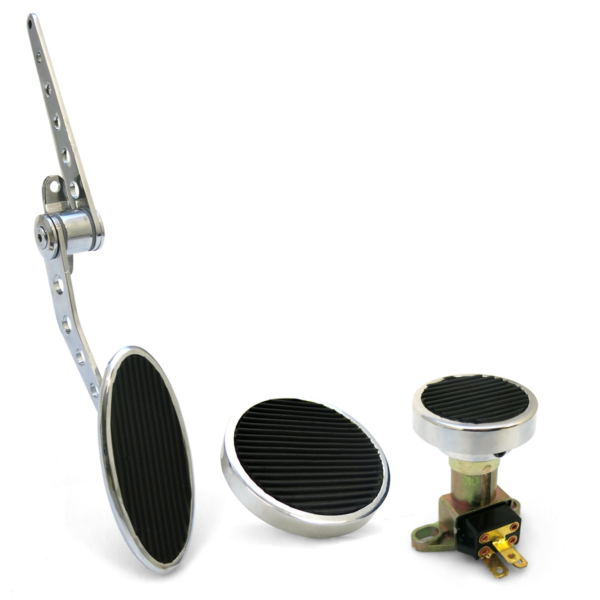 Chromed Billet Firewall Mount Gas Pedal, Round Brake/Clutch Pedal & Dimmer Pad