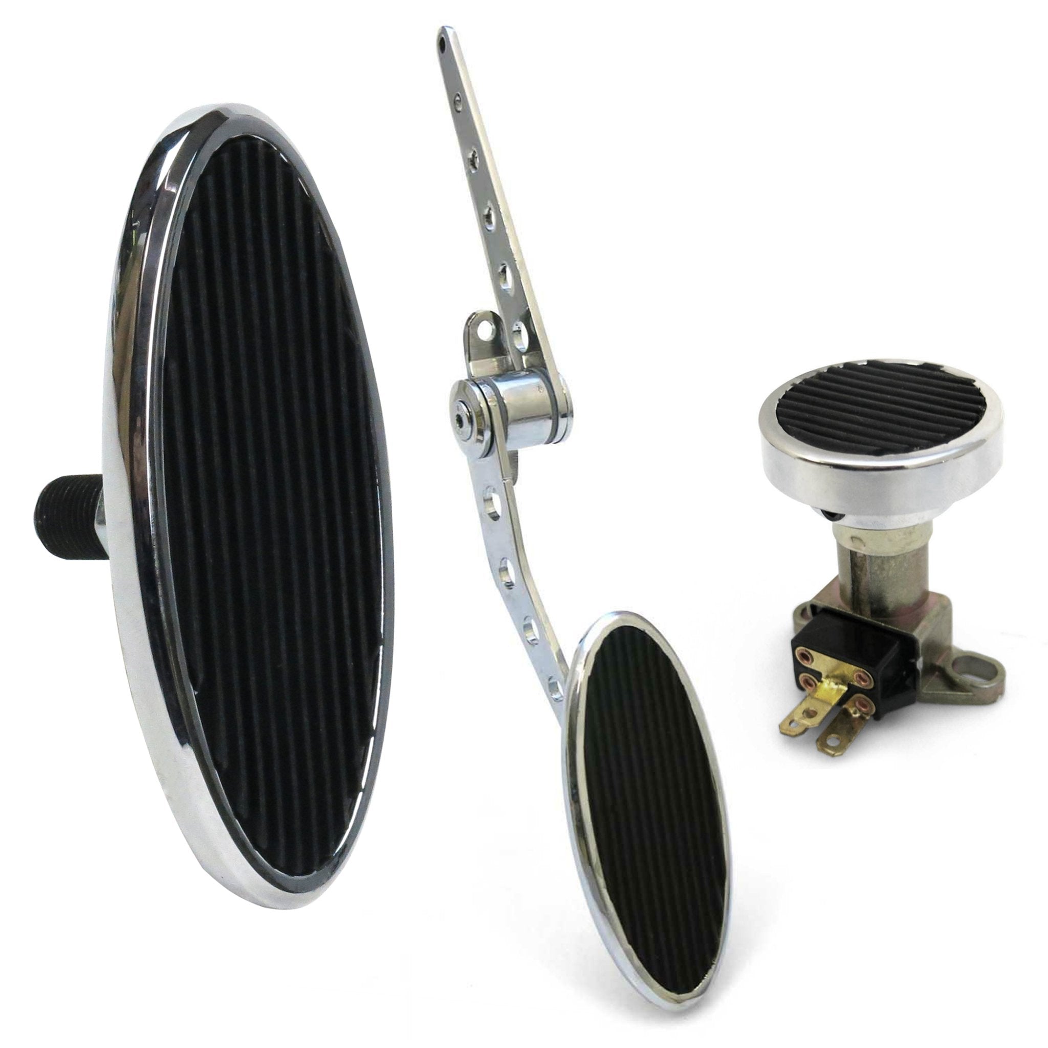 Chromed Billet Firewall Mount Gas Pedal, Lg Oval Brake/Clutch Pedal & Dimmer Pad