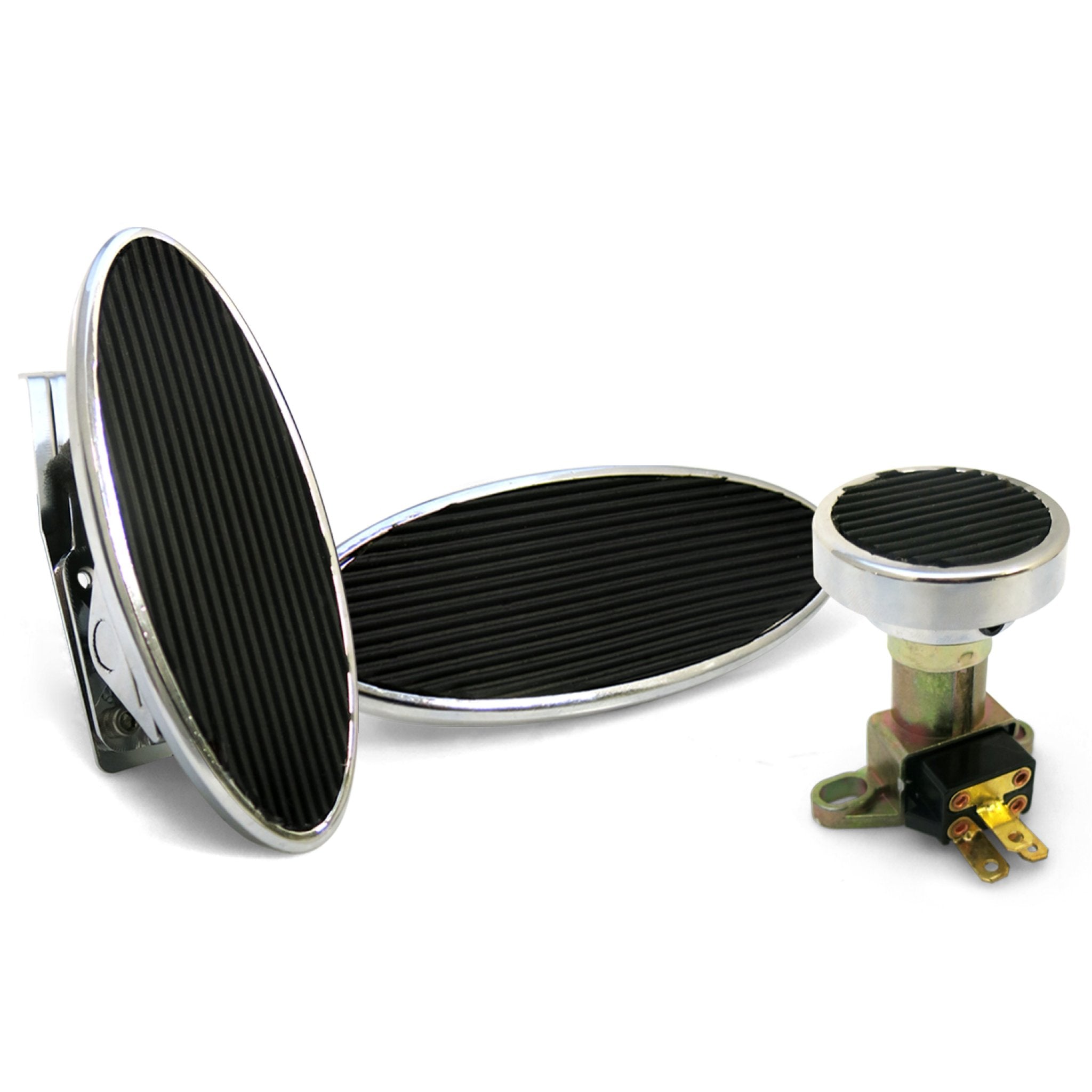 Chromed Billet Floor Mount Gas Pedal, Lg Oval Brake/Clutch Pedal & Dimmer Pad