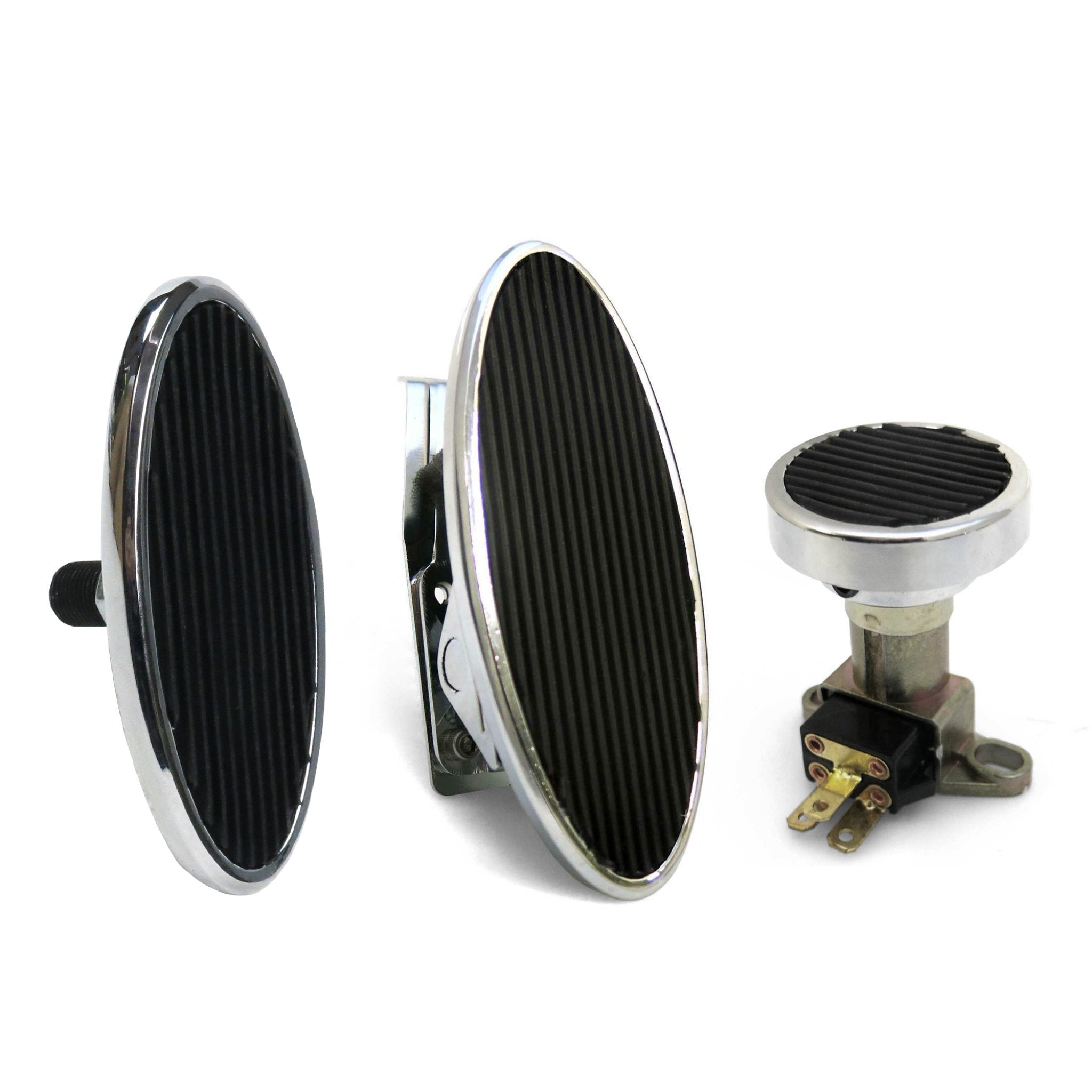 Chromed Billet Floor Mount Gas Pedal, Lg Oval Brake/Clutch Pedal & Dimmer Pad