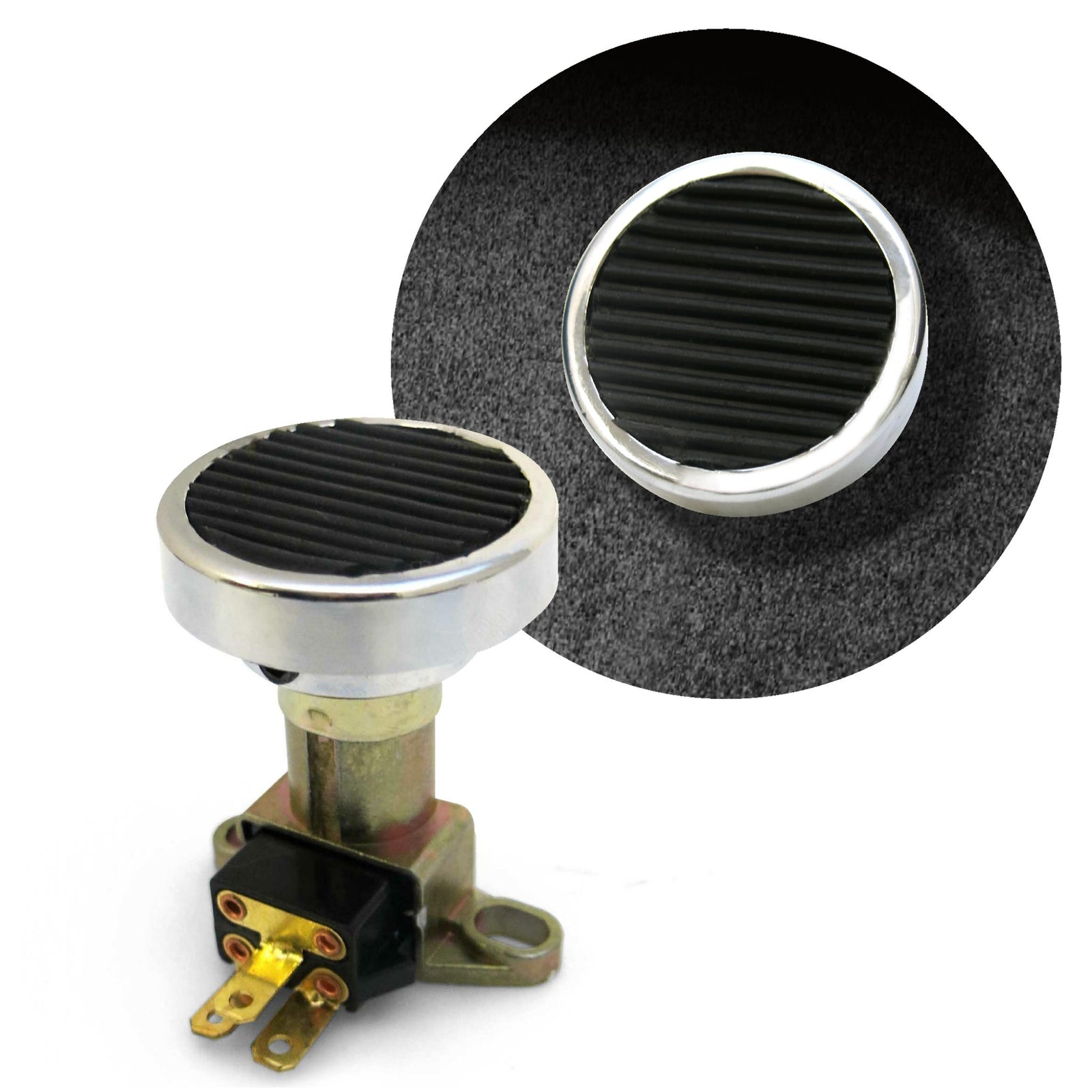 Chrome Floor Mount Round Billet Pedal Pad and Dimmer Switch Non-Slip Rubber 12V