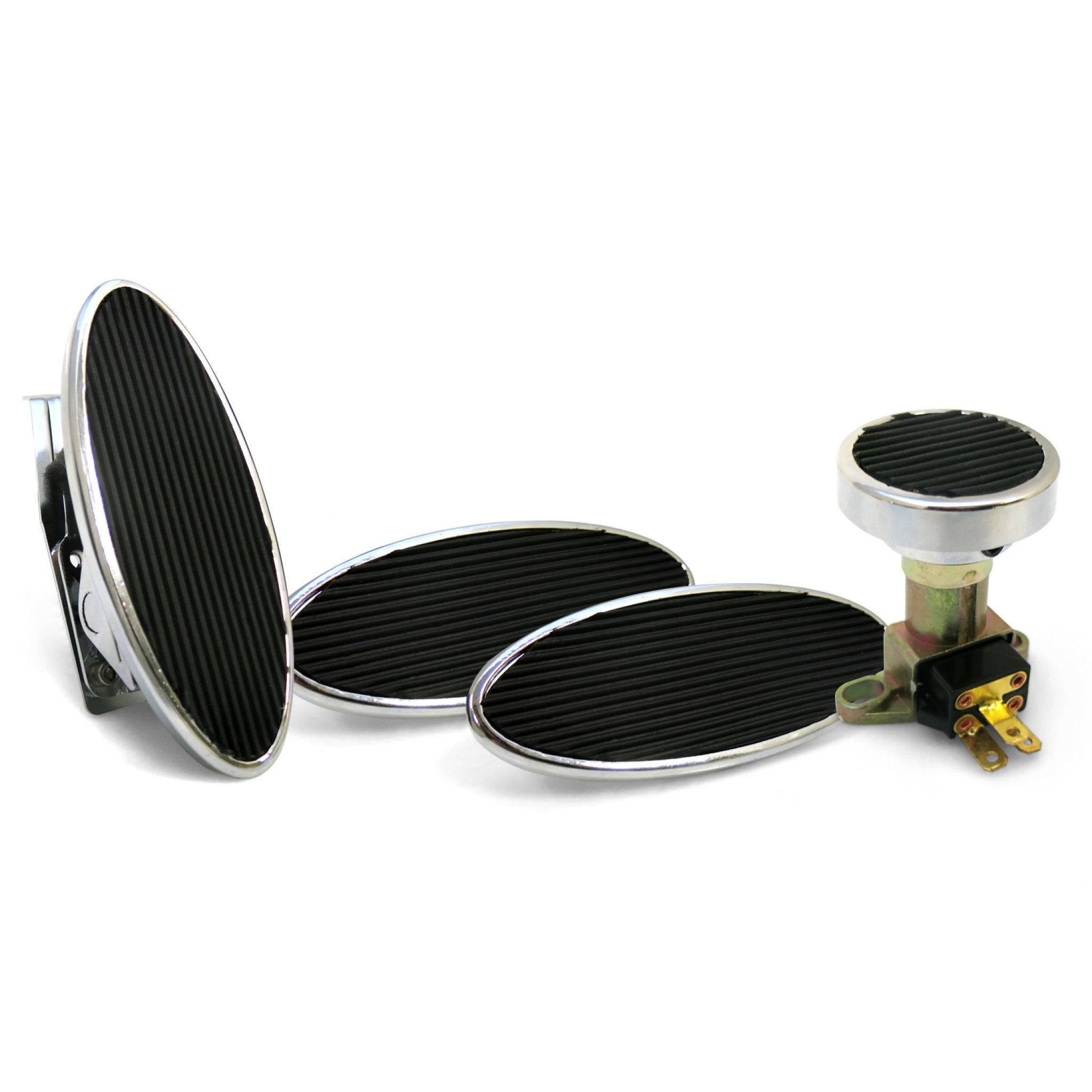 Chromed Billet Floor Mount Gas Pedal, 2 Lg Oval Brake/Clutch Pedals & Dimmer Pad