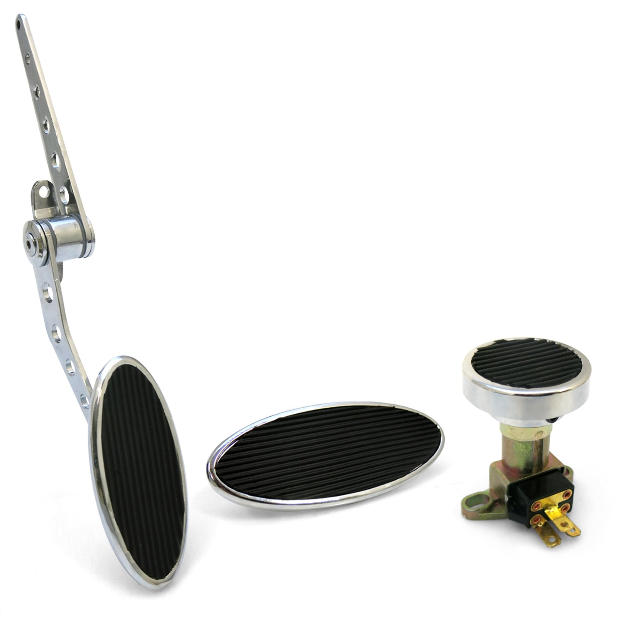 Chromed Billet Firewall Mount Gas Pedal, Lg Oval Brake/Clutch Pedal & Dimmer Pad